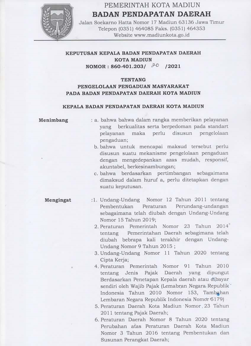 PENGELOLAAN PENGADUAN MASYARAKAT PADA BADAN PENDAPATAN DAERAH KOTA MADIUN 2021