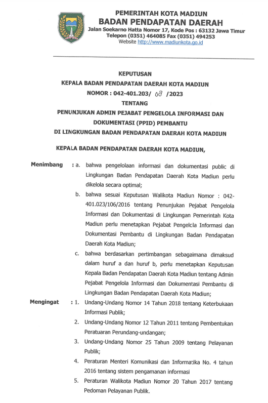 KEPUTUSAN KEPALA BADAN PENDAPATAN DAERAH KOTA MADIUN TAHUN 2023