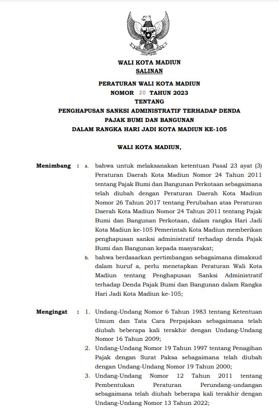Peraturan Wali Kota Madiun Nomor 20 Tahun 2023