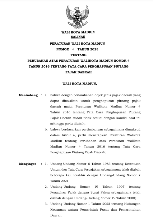 Peraturan Wali Kota Madiun Nomor 6 Tahun 2023