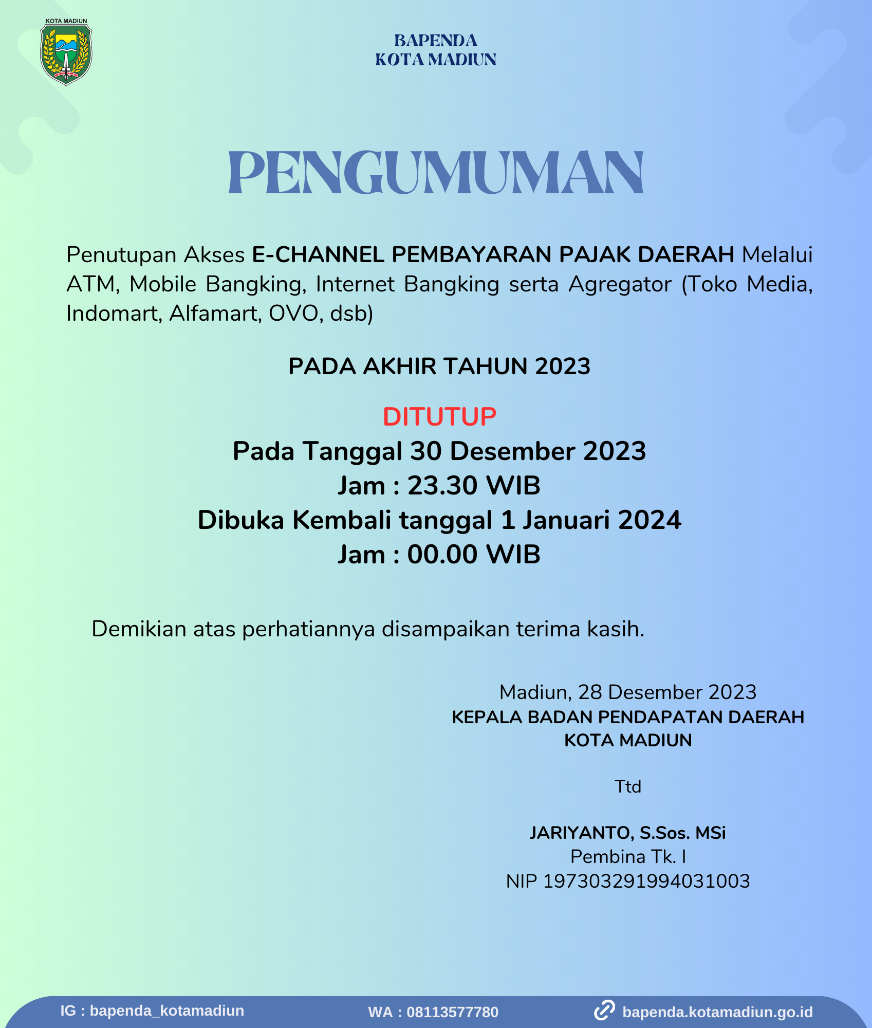 Pengumuman Penutupan Akses E-CHANNEL PEMBAYARAN PAJAK DAERAH